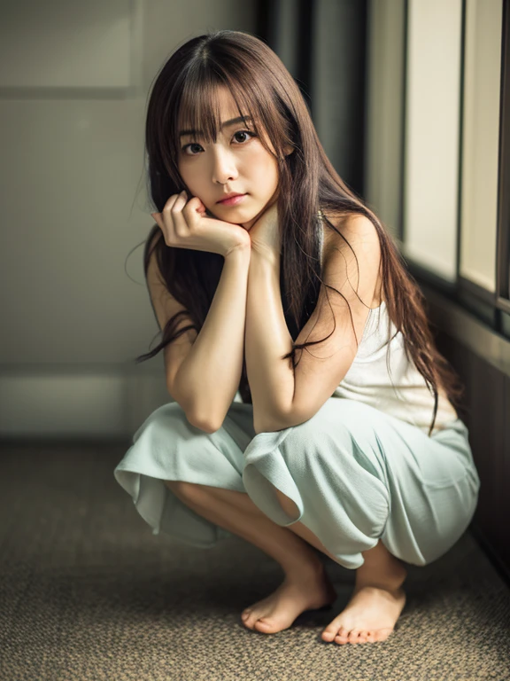 Woman sitting on the ground with her hand on her chin, chiho, Shiori Teshirogi, 奈良美智, narumi kakinouchi, Young Pretty Gravure Idol, Japanese Models, harumi, Yasumoto Oka, by Torii Kiyomoto, tsutomo nihie, Aoi Ogata