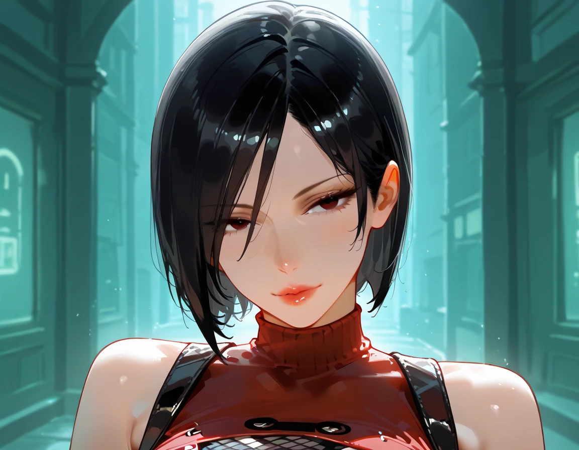Ada wong,Form Resident evil 4 Remake,a beautiful woman with short black hair, wearing a red dress, with a medium bust size, against a black background, ultra realistic, ultra detailed, high quality, best quality, masterpiece, HD, 4K, 70mm lens