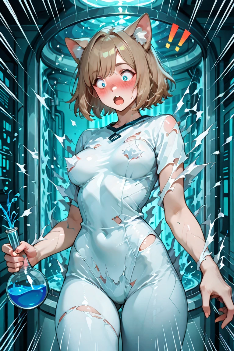 artwork, Attention to details, beautiful girl, normal skin, big breasts, long spiky orange hair and blue eyes, with uniform, White shirt, empty look, bare legs, white panties, breasts hitting glass, standing, whole body, barefoot, breasts rubbing the glass, trapped inside a transparent glass jar, waxed inside, inside the jar, whole body en el frasco, sentada inside the jar, barefoot, trapped in the jar