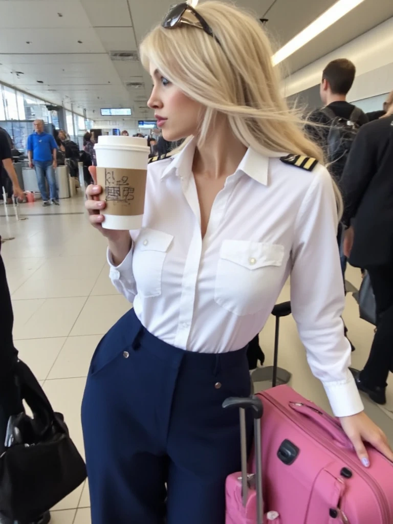close up photo of stunning german woman, flirty, Model, 25 years, sexual, stewardess, blonde, miniskirt and blouse with airline logo, highlighted hair pulled back into a ponytail, big earrings, provocative pose, perfect body, Beautiful, I'm standing on the airfield, Sensual look, (Best quality), (super detail), Better lighting, large breasts