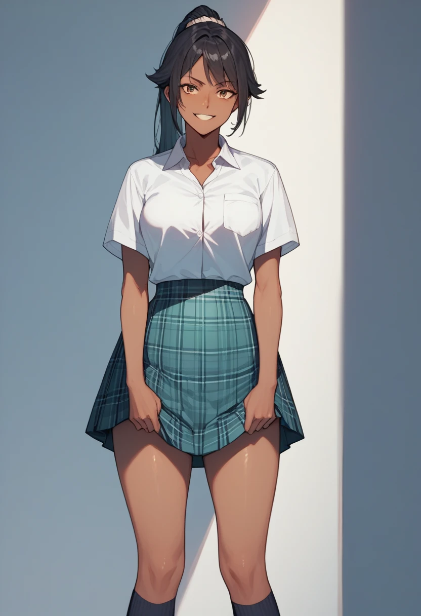 (masterpiece, best quality;1.3),extremely beautiful detailed anime face and eyes,extremely detailed illustrations,1girl, solo, 18-year-old、((日本のAcademy服姿:1.5))、(sweat,sweaty and wet clothes、Collared short sleeve white shirt、white crop shirt、I can see her wet white panties:1.2、camel toe,purple tie、Navel is visible,navy pleated mini skirt,detailed skin, dark skin,oily skin,smaller head、ideal ratio body proportions,slender body,medium breast,cowboy shot, shy look、 nadia,short cut hair,dark purple hair,(standing split:1.4),Lift the legs with your hands、sadamoto yoshiyuki,storehouse、Dim interior lighting、Academy、