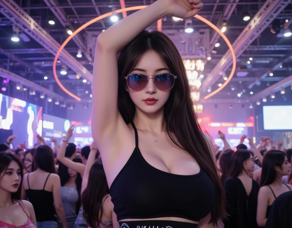 best quality, 8k, highly detailed face and skin texture, nice sexy boobsy short hair ultra hot asian girl in gray latex suit on party at crowded night club , full waist up pose , upper knees pose , looking at viewer, frontal view, sharp focus, detail breasts , damp , cleavage 