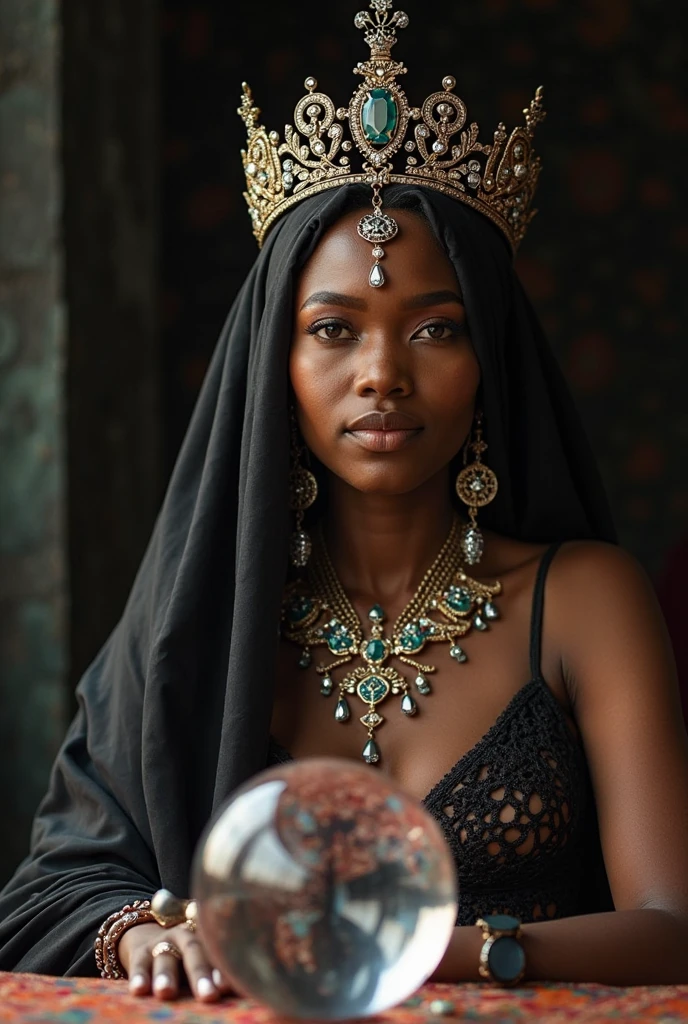 Create an image of an ebony woman wearing a crown with her palms outstretched holding the several social media icons like Facebook, Instagram, X and YouTube.