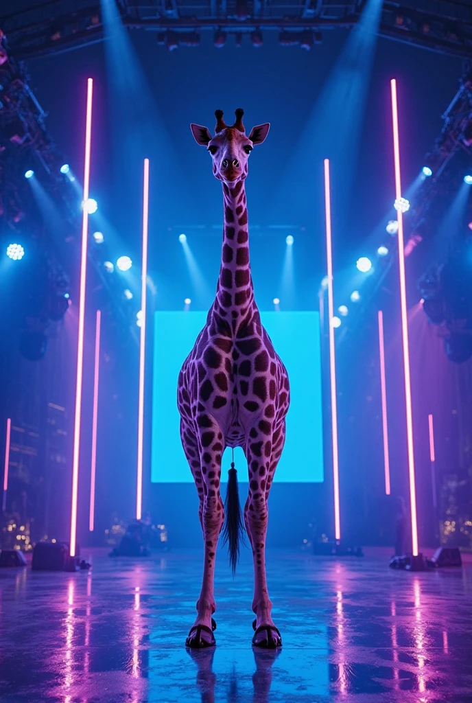 A realistic Giraffe twerking on a concert stage with Whitney Houston dancing and Santa Clause twerking. Christmas lights in the background. Moon shining bright. Realistic. No deformities.