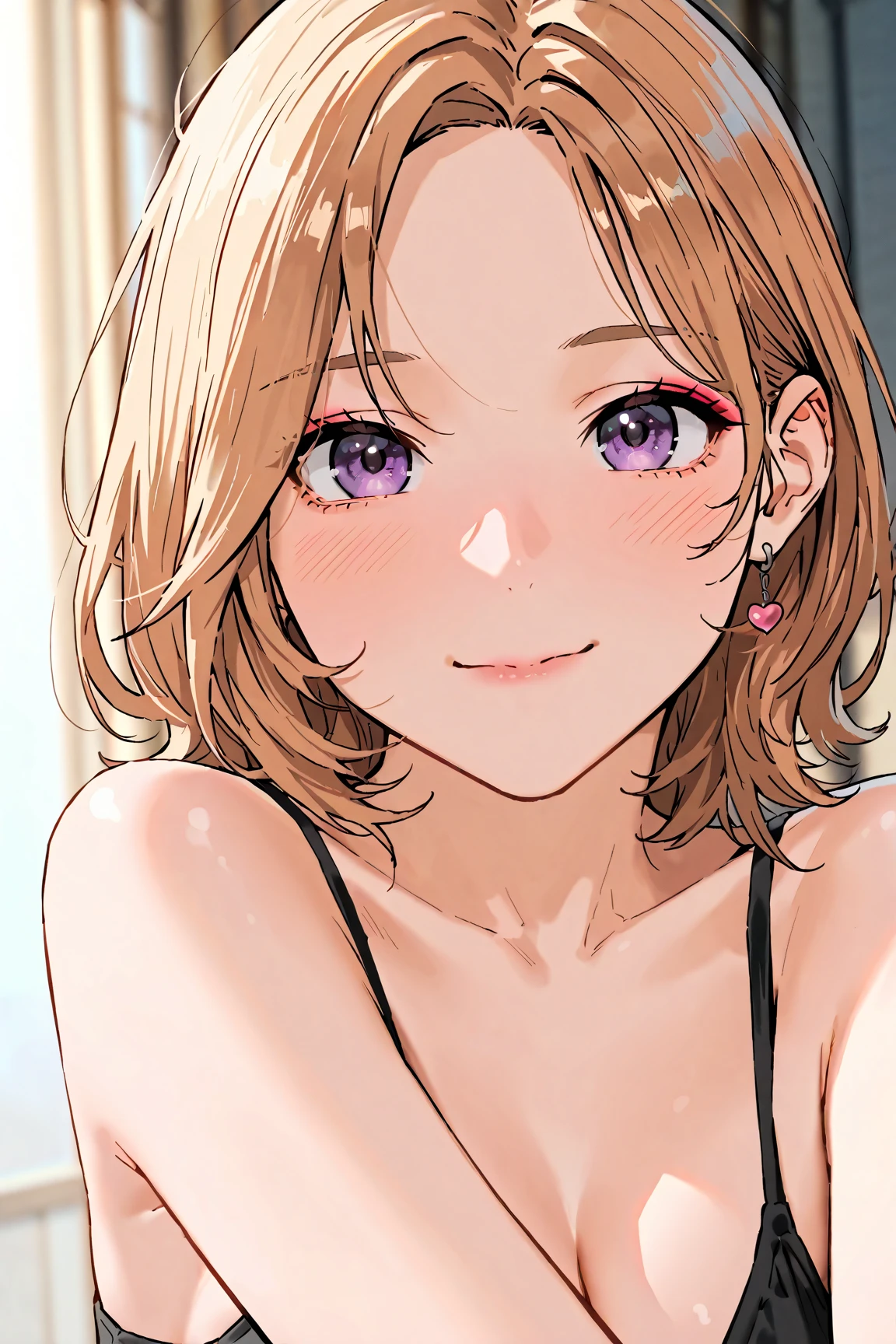 Wear a camisole that shows the shape of your breasts:1.5、((small, Flat Chest:1.5))、(masterpiece, Best image quality, high quality, High resolution, Realistic:1.2), (Bright lighting, Professional Lighting), (Portraiture, One Woman, Beautiful woman), (Realistic Skin, Fine skin, Beautiful Skin), (Blonde, short hair, middle part:1.3), (Eyelash extensions, Draw eyelashes sharply), (Hidden eyelid wrinkles:1.3), (fine grain, length, Narrow eyes, iris, Your eyes are shining, How to draw eyes carefully), ((Looking down:1.2), Observe the audience, Sharp eyes, hot gaze), (Embarrassing, cheeks turn a little red, smile:1.2), (Lean upper body, Toned body like an athlete:1.2), (A lightweight sweater in Japanese spring colors, Clothes fit snugly:1.3)