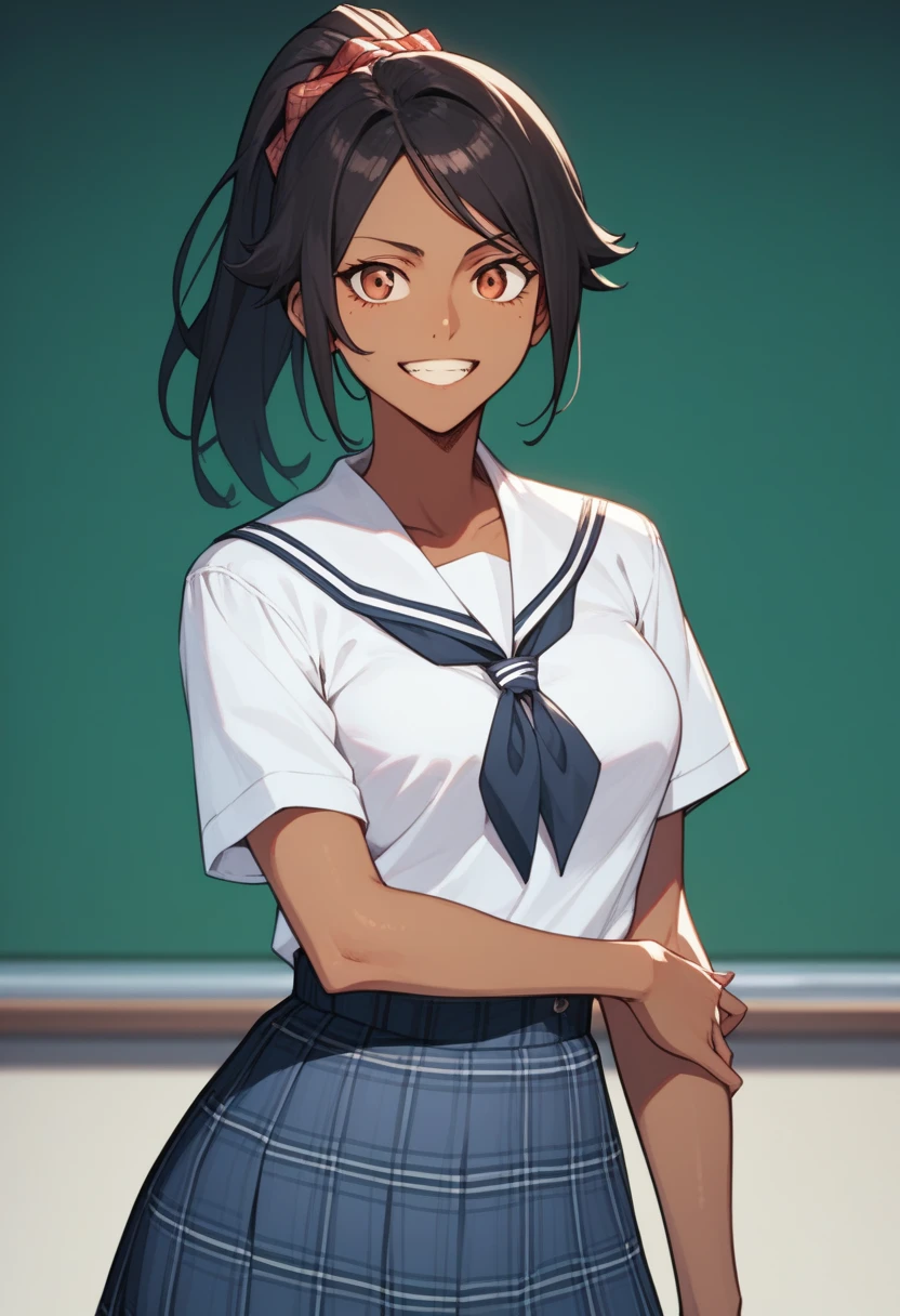 1 hot girl, very dark skin, black eyes, grin, gorgeous, african, black pantyhose, short bob, school girl, small breasts