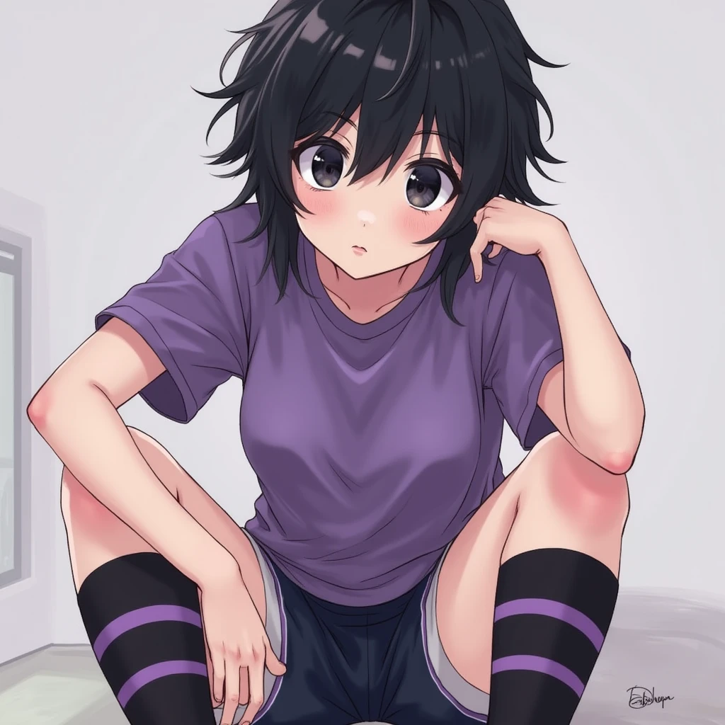 noodles (Gorillaz), masterpiece, best quality, solo, purple hair, medium hair, looking at the viewer, bangs, upturned nose, converse, eye hair, high tops, blush, detailed fingers, 5 fingers, sfw, sexy expression, seductive smile, detailed music studio background, denim shorts, small breasts, long stockings, portrait, crop top, midriff, detailed tummy, sitting, detailed between legs, freckles, makeup