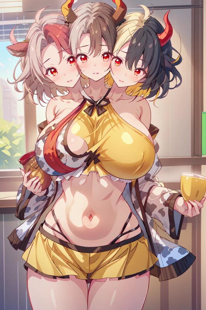 (masterpiece, best quality),best quality, (ultra-detailed), (3heads:1.5), 1girl, (ushizaki urumi:1.3), masterpiece, best quality, white top, crop top, ((stomach)), midriff, ((groin)), yellow skirt, normal ears, shackles, black hair, very long hair, wavy hair, sidelocks, red eyes, parted lips, single horn, sweat, cute, toned belly, hand on own chest, eyelashes, (24 year old woman:1.3), (masterpiece:1.4), (best quality:1.4), (beautiful detailed extremely detailed CG, extremely delicate and beautiful, depth of field, (finely detailed face), (perfect details:1.1), (mature female:1.3), wide pelvis, slender, large veiny breast, 8k resolution, very high quality, very high definition, extremely detailed, masterpiece, black hair, long hair, alluring presence, braid, short skirt, close up, big tits, young, star hair ornament, yellow ribbon, side ponytail, cabbie hat, hair ornament, two-tone hair, split-color hair, japanese clothes, horns, cow girl, cow horns,