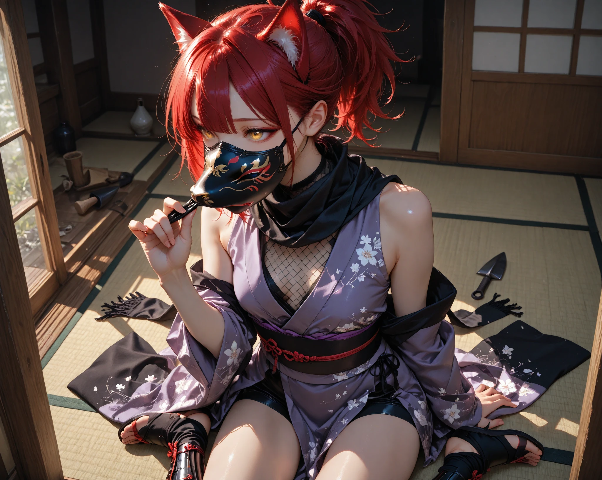 Anime girl with cat mask on head, with kitsune mask, wearing a kitsune mask, In a Japanese anime style, In anime style, In an anime style, japanese cartoon style, anime catgirl, japanese anime style, by Kamisaka Sekka, woman with cat ears, attractive cat girl, catgirl, Fox mask on the head, kitsune mask
