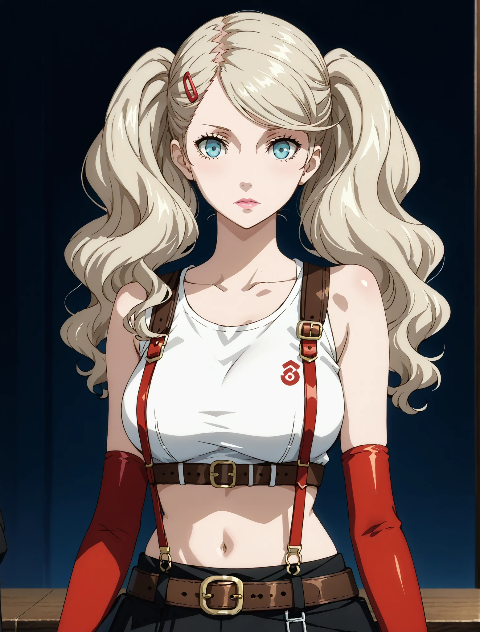 score_9, score_8_up, score_7_up, source_anime, 4K,perfect fingers,(perfect hands, perfect anatomy),prefect lighting, very aesthetic, intricate details,highly detailed background, masterpiece, high quality, best quality,
ann takamaki, blonde hair, blue eyes, hair ornament, hairclip, long hair, swept bangs, twintails, wavy hair, anime screencap ((huge breast:1.3)),
wearing ((bare shoulders, belt, belt buckle, black skirt, brown belt, buckle, crop top, elbow gloves, gloves, midriff, skirt, suspender skirt, suspenders, tank top, white tank top, )) ,,