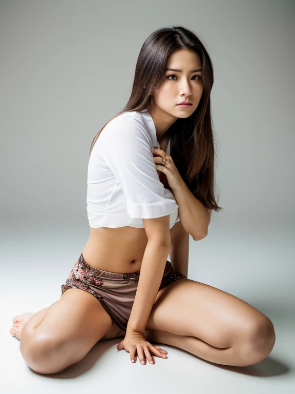 URZAN-6500-v1.1,(Raw foto:1.2), (pphotorealistic:1.4), （Beautiful detailed super beautiful one woman）, （（Slender models、28 years old））、Beautiful detailed eyes, disheveled long brown hair、Trained abs、  beste-Quality, A masterpice, ((Short tight thin sleeveless high neck T-shirt))、((The size that hides the chest)), ((Wearing more white ultra high-leg panties)), ((The areola of the details is clearly visible)),（（Big with soft drooping details））、  ((Squat with crotch open for details)),　((Detailed camel toe visible))、 Professional interior lighting, 　((no-bra)),　a smile、((dinamic pose))