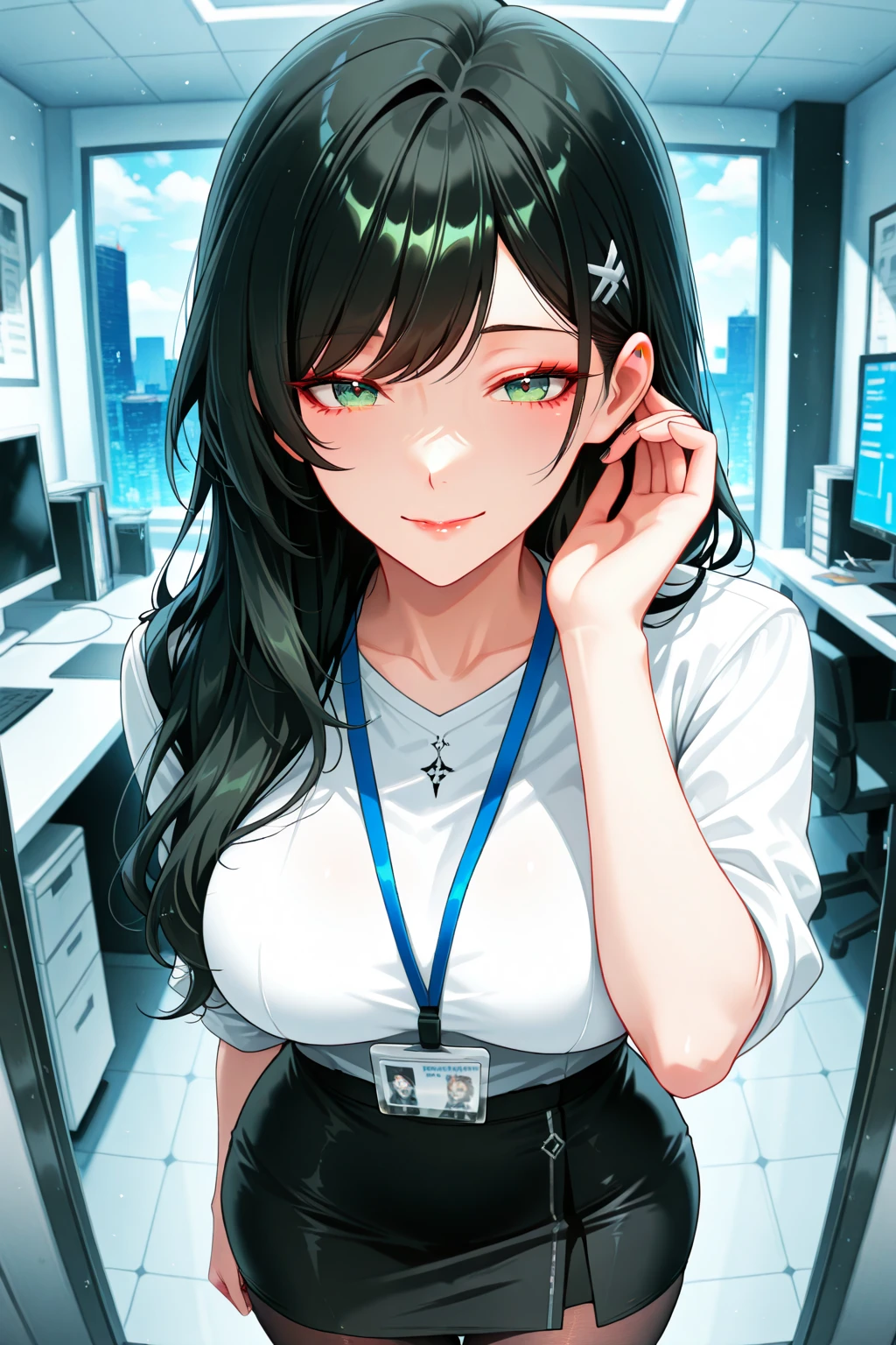 Anime Style, Character Design, HD, Best Quality, Masterpiece, High Details, High resolution, fantasy, carefully detailed, no deformities.
{{(1character: a girl civilian:(pale skin, left cheek healed knife scar, medium very-messy black hair, she stands 1,59 meters tall, slender body complexion, green eyes, short nose, thin lips, beautiful, little breasts),(blue shirt, pink skirt, fluffy wristbands),(half smile closed mouth, very shy and inssecure demeanor, careless personality),(norwegian-like common house interior, yellow walls, grey desk at the left side, black door a the right side))}}