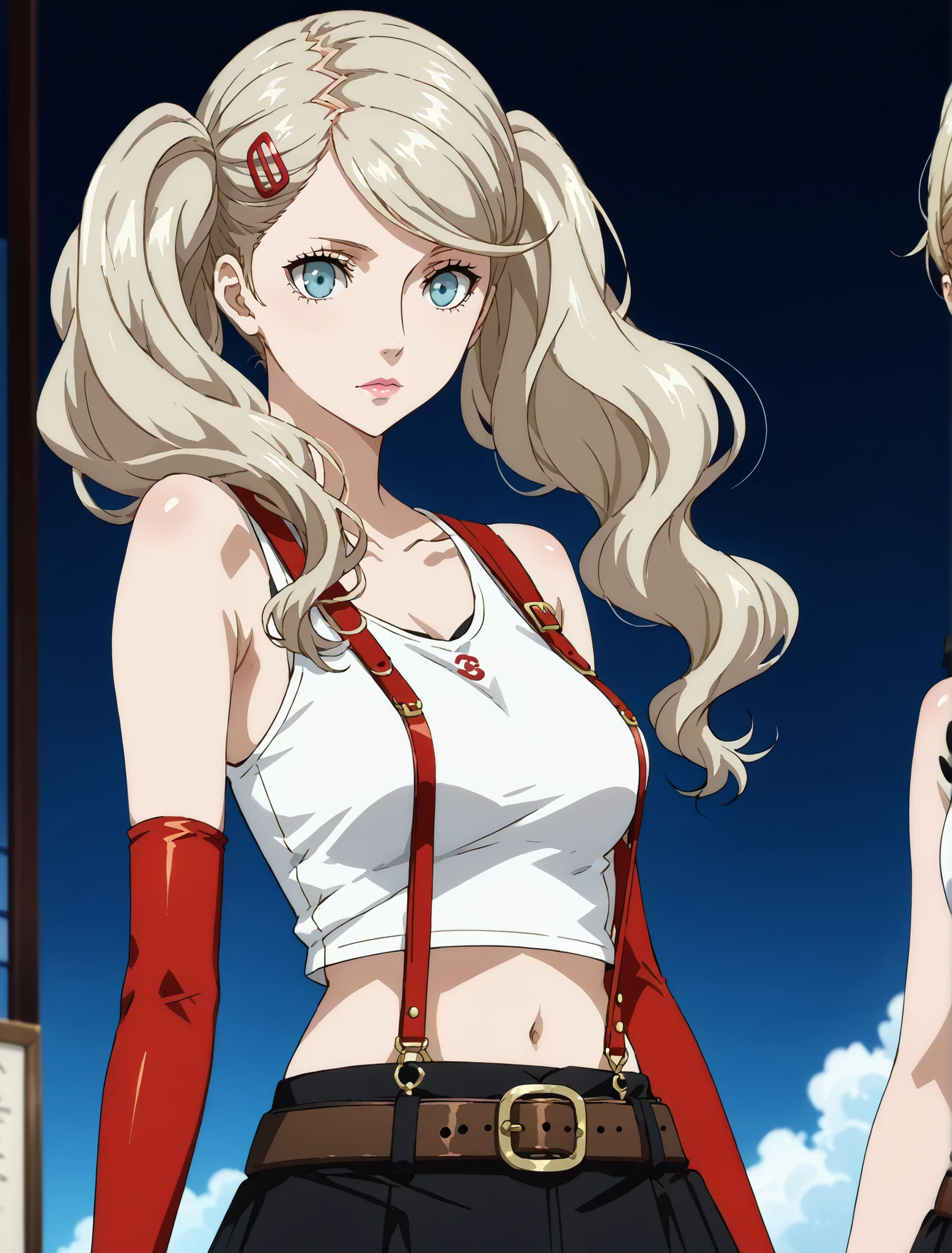 score_9, score_8_up, score_7_up, source_anime, 4K,perfect fingers,(perfect hands, perfect anatomy),prefect lighting, very aesthetic, intricate details,highly detailed background, masterpiece, high quality, best quality,
ann takamaki, blonde hair, blue eyes, hair ornament, hairclip, long hair, swept bangs, twintails, wavy hair, anime screencap ((Large breast:1.3)),
wearing ((bare shoulders, black skirt, brown belt, buckle, crop top, elbow gloves, gloves, midriff, skirt, suspender skirt, suspenders, tank top, white tank top, )) ,, 
armpit crease, breasts, from side, 