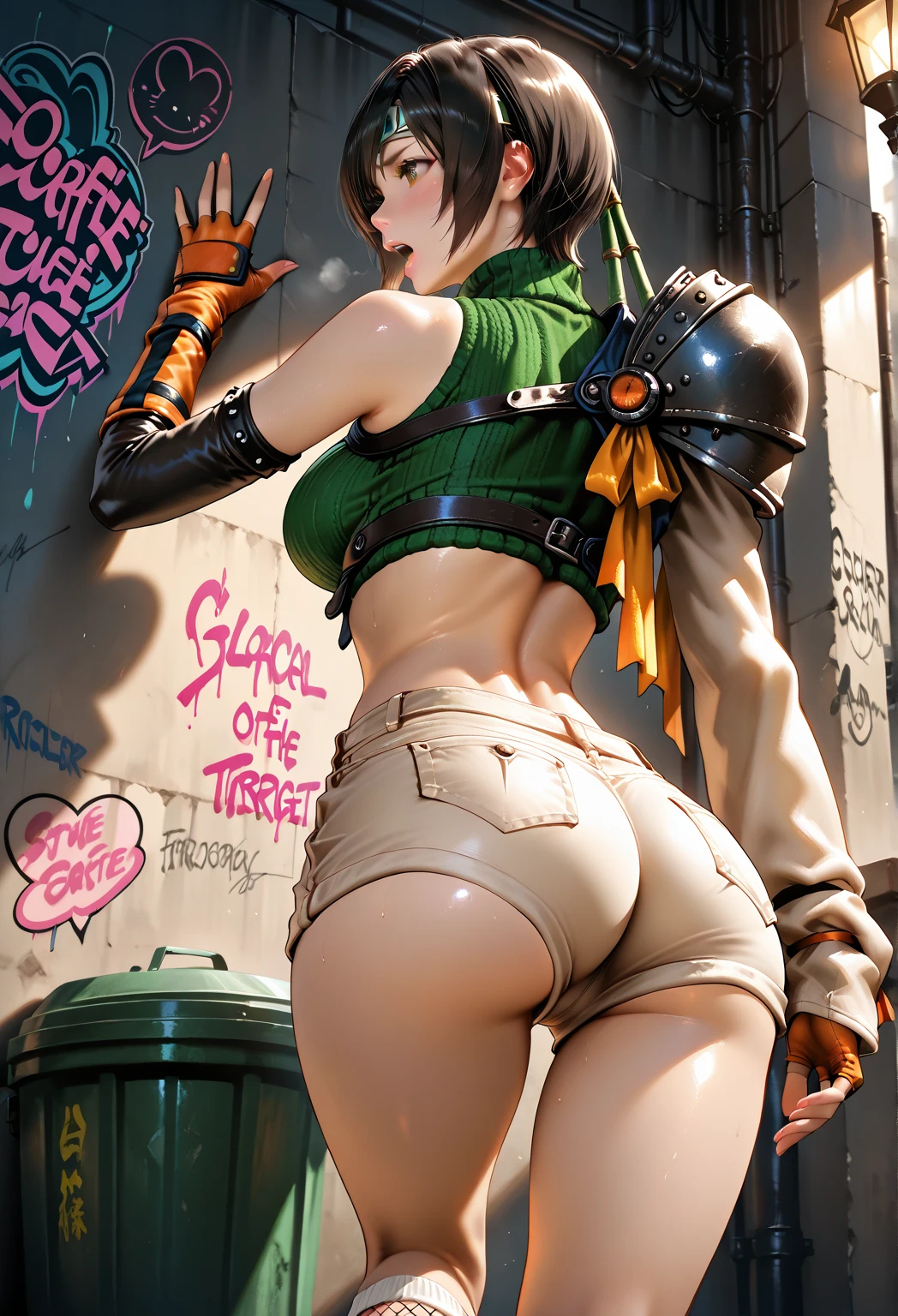 (rear view, backside view),(La mejor calidad,A high resolution,Ultra - detallado,actual),Ariana Grande, 1 chica, Solo, Caderas anchas, linda pose, trazador, By the chestnut, brown bomber jacket, Chest harness, Vambraces blancos, Traje naranja, leggings naranjas, cabello corto, Brown eyes, little mom, antecedentes detallados, cara detallada, ojos detallados, backwards cap, Auriculares puestos, More detailed 8K.motor irreal:1.4,UHD,La mejor calidad:1.4, fotorrealista:1.4, textura de la piel:1.4, obra maestra:1.8,obra-prima, mejor calidad,objeto Objeto], (detailed face features:1.3),(Las proporciones correctas),(Ojos hermosos azules),  (pose vaquero), ,( ciberpunk 2.1), (convexo dedos detallados) 