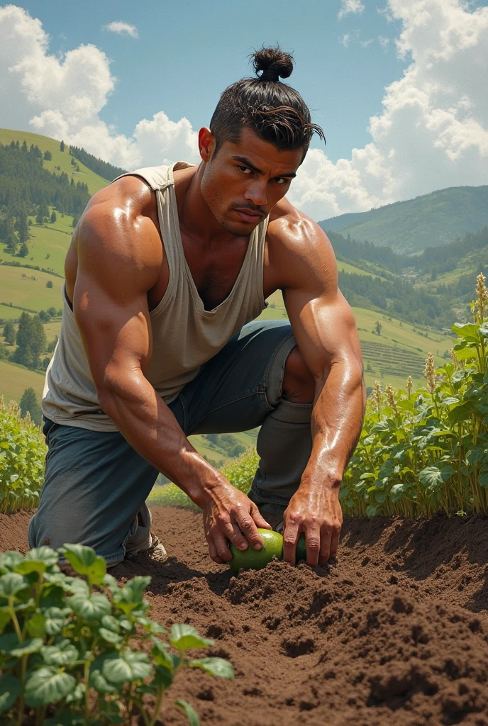 A hot boy digging with a shovel