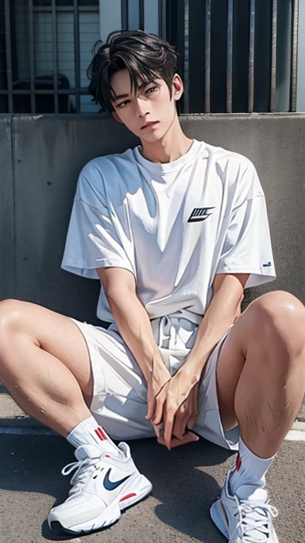A boy in his twenties，Wearing long white socks and Nike's high-top board shoes，White skin，Long legs，Some abs are exposed，voluminous hair，Handsome，adorable，Cool boy, short hairs，smirk, gangster