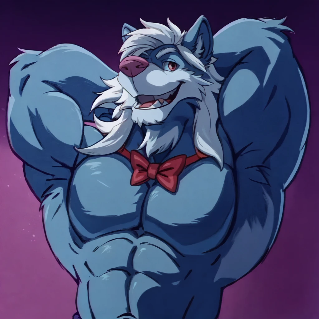 wilford wolf, 4k, high resolution, best quality, detailed, posted on e621, solo, anthro body, masculine, male, muscular, plain background:1.2, speaking mouth, sweet face, subtle smile, front view, arms behind head, hands behind head, lats, armpits, red bow tie, red thong, pink nose, detailed eyes, white hair, sexy, long hair