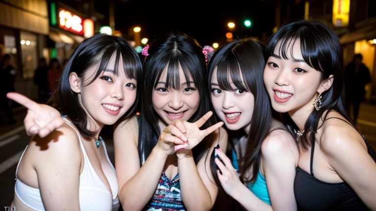 Best-quality, Masterpiece, Ultra-High-Resolution, (Photorealistic:1.4), Raw-Photo, Extremely-Details, Perfect-Anatomy, 

at midnight, on street in Shibuya, Tokyo, 

3girls, group-shot, 

all members of the most famous Japanese idol group, 
(((all tripping on drugs, all getting geeked up with drugs, all going crazy from drugs))), all innocent smile, 

all detailed extremely cute drunk faces, all detailed extremely big black solid circle eyes, all detailed colorful extremely beautiful hair, all detailed extremely beautiful breasts