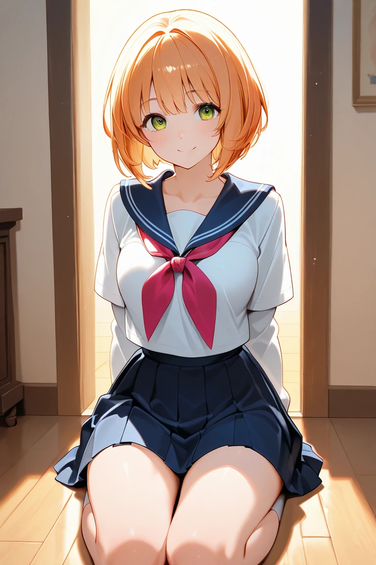 yotsubanakano, Yotsuba Nakano, Bangs, Short hair, Blue eyes, hair between eye, Hair Ribbon, shairband, Orange hair, Green Ribbon, The best smile, BREAK skirt, Shirt, Bow, bow ribbon, School uniform, White shirt, Short sleeves, Pleated skirt, shoes, sox, Collared shirt, Miniskirt, bowtie, knee high, Green skirt, Black socks, green bow, (Yellow sweater vest:1.3), Green Ribbon, extreme close - up, Break indoors, BREAK (masutepiece:1.2), Best Quality, High resolution, Unity 8k壁纸, (Illustration:0.8), (Beautiful detailed eyes:1.6), extra detailed face, Perfect Lighting, extremely details CG, (Perfect hands, Perfect Anatomy), (hug object shark doll:1.1), sit on a bed, wariza, Reddening cheeks, Open your mouth, blush