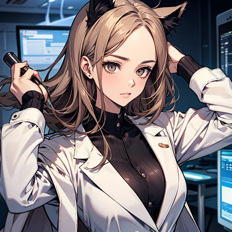 best quality, masterpiece, highres, 1girl, solo, {black business suit:1.40}, {tie:1.20}, {sunglasses:1.25}, {white gloves:1.15}, {white shirt:1.10}, {black skirt:1.15}, {smoking:1.20}, handsome, {sussurro_arknights:1.15}, animal_ears, fox_ears, ahoge, blue_eyes, short_hair, bangs, fox_girl, oripathy_lesion_\(arknights\), brown_hair, tail, fox_tail, closed_mouth, blush, animal_ear_fluff