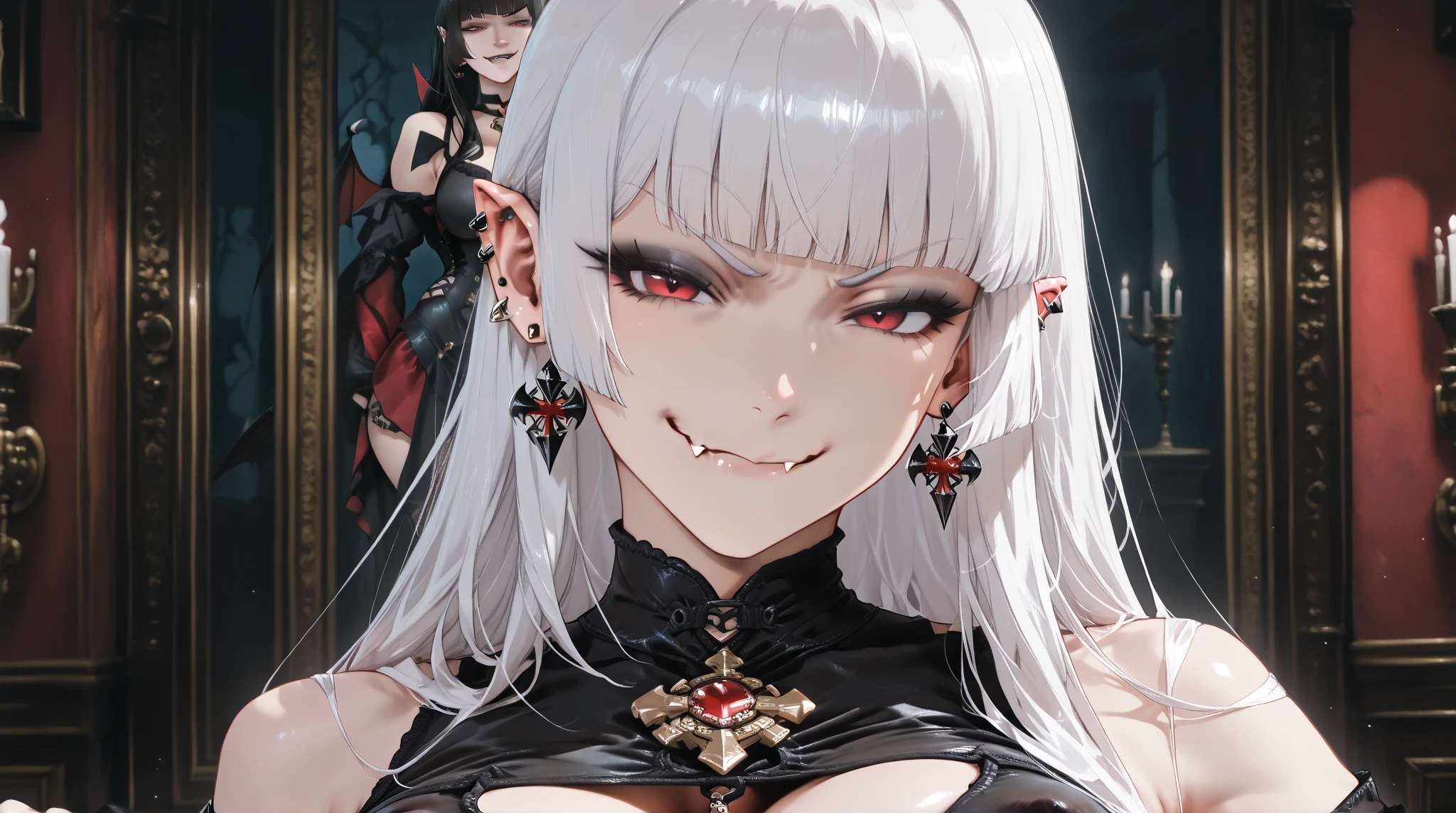 ((masuter piece:1.5)),((Finest quality)),(super precision),32k images,Top quality anime,Highest level of resolution,Fantasyart,eroticism,((perfect anatomia:1.5)),(Perfect depiction, Unbroken body:1.5),Detailed down to the smallest detail,Phenomenal depiction,((1 Female Vampire:1.4),((pale silver hair,bob cuts:1.1)),Slim and well-proportioned body,(Beautiful and neat face),((Beautiful shiny crimson eyes),pretty skin,((Evil smile:1.4)),(Glossy red manicure:1.55),(Luxurious and beautiful dresses with detailed details:1.6,Beautiful lace with detailed and detailed details,Studded Gemstones,)jewely:1.5,Decadent,Corrupt worldview,dark:1.5,Candlelight:1.1