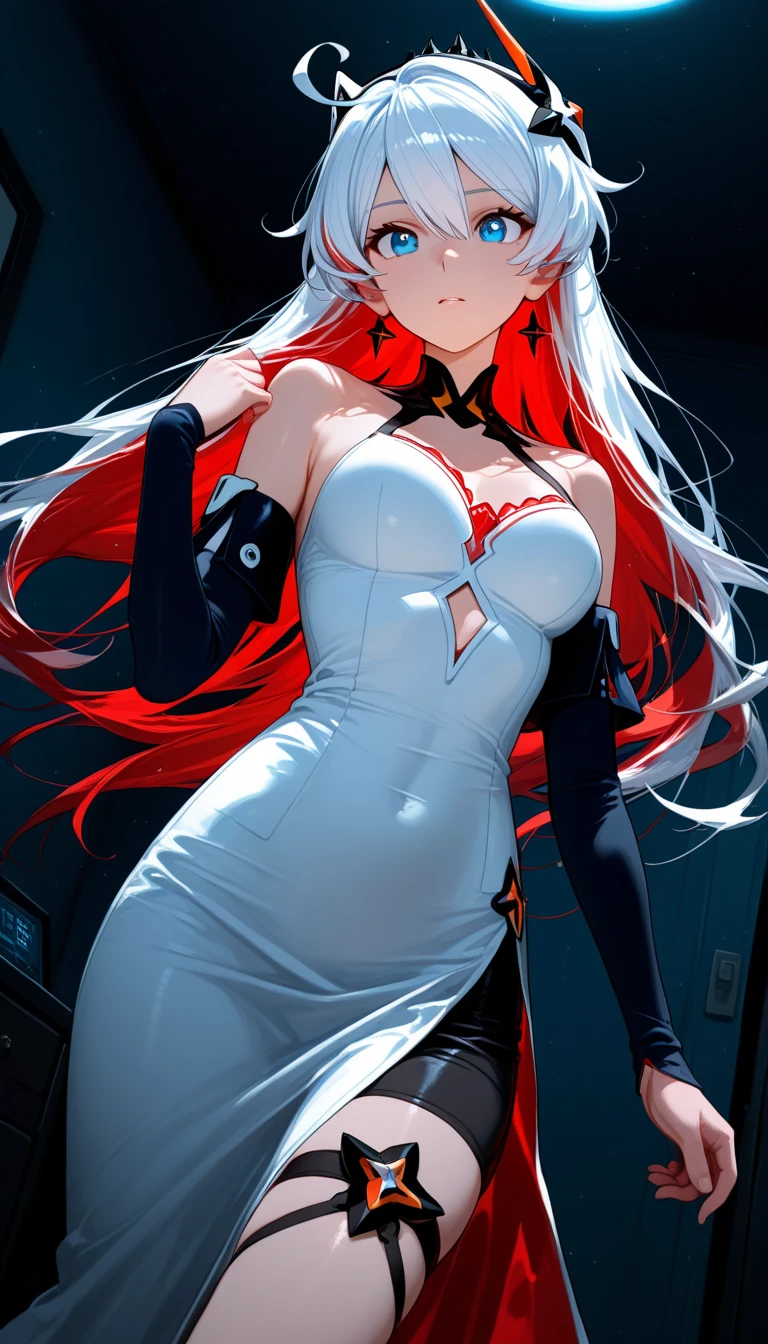 masutepiece、Best Quality、hight resolution、tre anatomically correct、((stage))、microphone、((live))、dance、white dres、Black ribbon at chest、a miniskirt、(Vibrant colors：1.2)、(​masterpiece：2.0)、onepiece、Uta、blanche、left red hair、right gray hair、Not wearing pants、divine spirit、Flushed cheeks、a smile、Beautiful girl in every detail、Body shining with sweat、Wet、Seductive thighs、sexy  pose、Hair above one eye、(frombelow:1.5)、Pussy、Female genitals、vaginal、Intravaginal、Expansion、You can see inside the skirt、((Female genital exposure))、Lit up、(pointy tits:1.6)