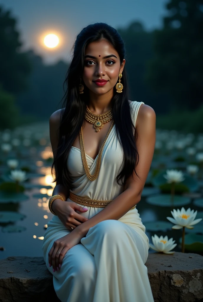 night photograph of a 32 year old indian woman posing as yakshni, looking at the viewer, seducing, sitting on a rock, very little light, horror ambiance, full moon night, village pond filled with lot of white water lilly in the background, fair milkey white skin tone, detailed round face, perfect black eyes, looking at the viewer, detailed red lips, perfect body, large brests, deep cleavage, flat belly, round navel, curvy hips and waist, one hand held on the waist, calling the viewer towards her with other hand, perfect lugs but covered, wearing a white saree and sleeveless blouse, gold ornaments