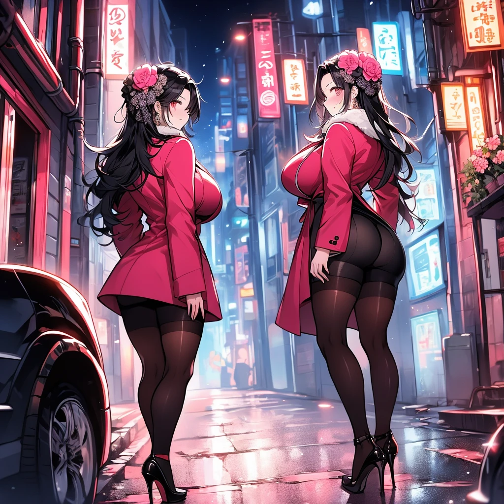 junkotvv a woman wearing a long open red coat, wearing a black bikini, big breast, sunglasses on her head, smiling, long black stockings, long black hair, red eyes, full body, in a traditional racetrack next to a red racing car, holding a racing flag, perfect racing car with no bad detail, car next to the woman, night location, with lighting in place,(woman solo), HDR, ultra resolution, sharp, masterpiece, 8K HD