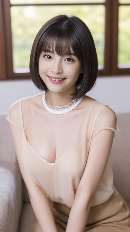 masterpiece,best quality,(Japanese ),((Beautiful girl)),cleavage,indoor,(perfect body beauty:1.2),(shy smile),beautiful teeth,