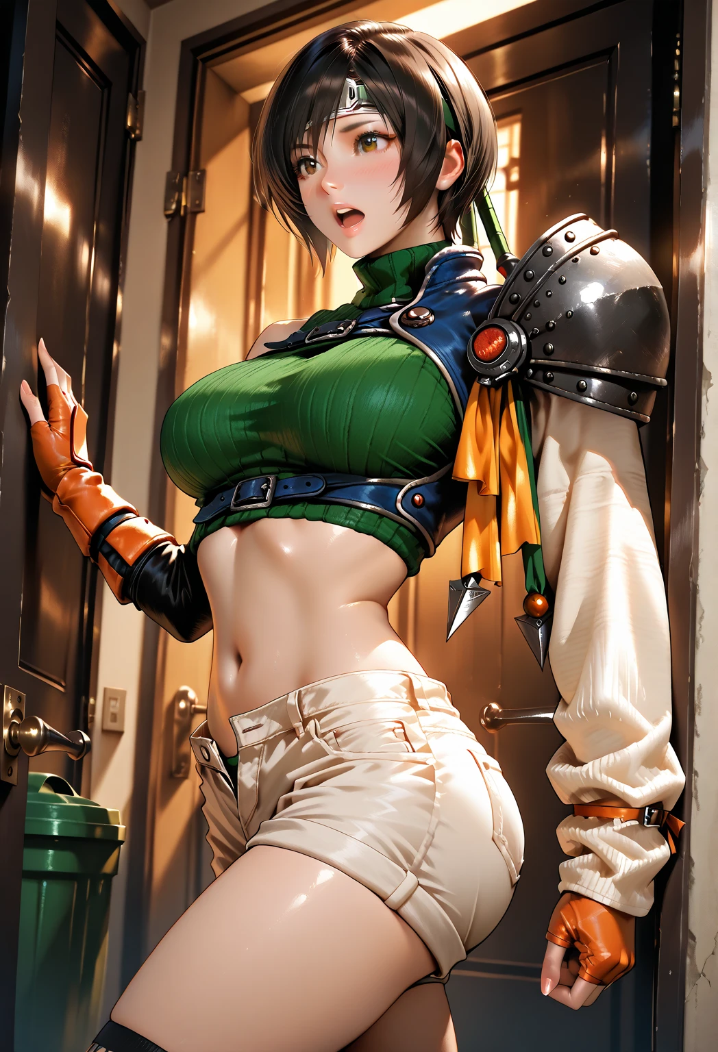 1girl, anko in anime naruto, short hair, sexy dress, black hair, brown eyes, smile, beautiful, brown clothes, very big breast, sexy clothes, realistic clothes, detail clothes, indoor wallpaoer, wallpaper realistic, wallpapaer detail, indoor background, ultra detail, realistic