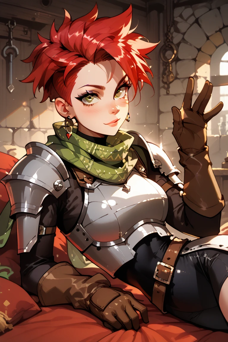 a girl, warrior, redhead, short hair, bright green eyes, beautiful breasts, hair between eyes, bangs, full body, confident, heroic posture, smiling, medieval soldier leather armor, cape, fantasy, medieval ruin