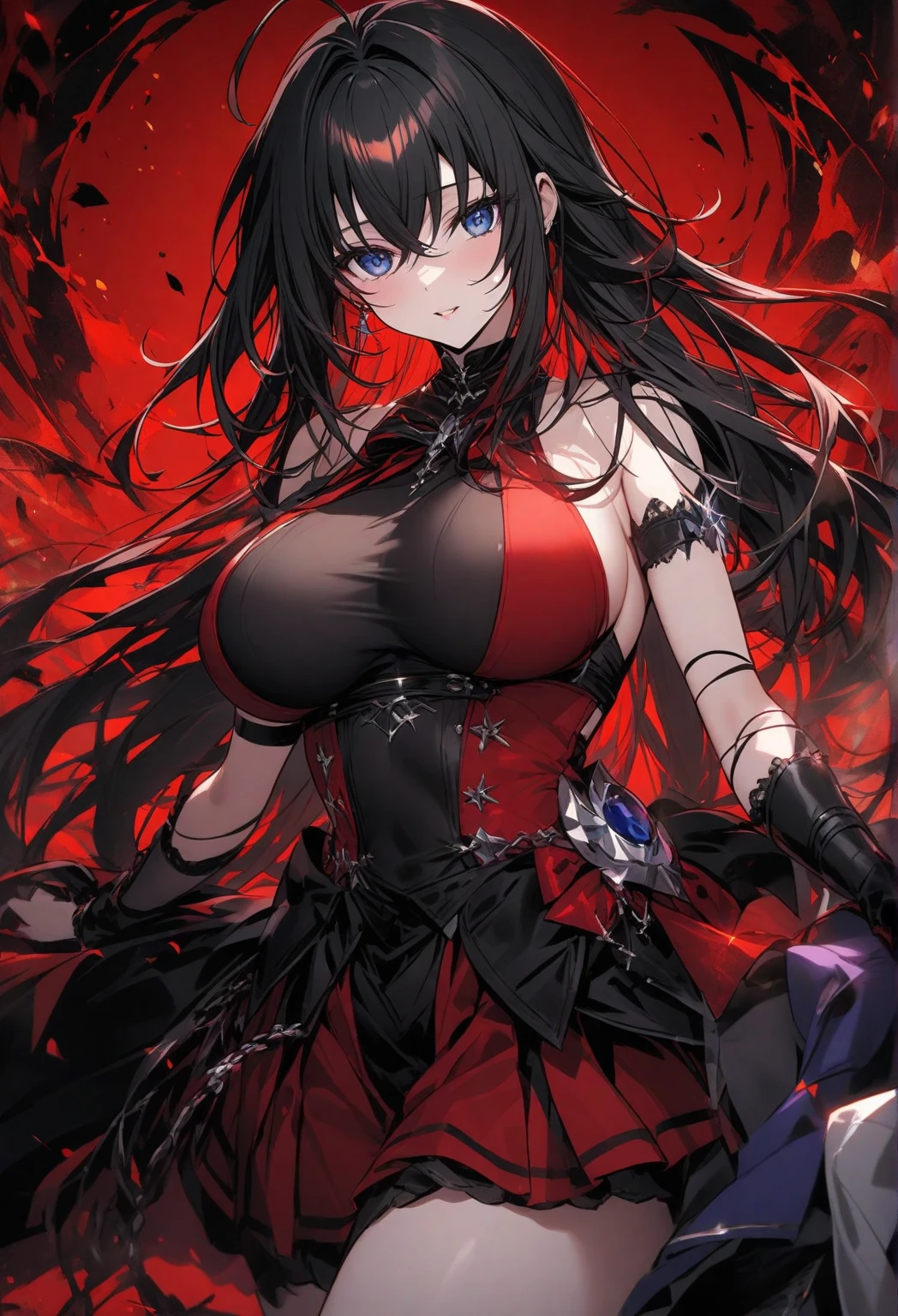 playful anime girl with red and white hair and dark grey and red strands in her hair striking a playful pose with an evil grin on her face, blood blossoms as accessories in her hair, evil grin on her face, shiny dark red eyes, dark grey tendrils with bloodred blossoms in the background, evil look, best anime characterdesin, high resolution, 8K fantasy artwork