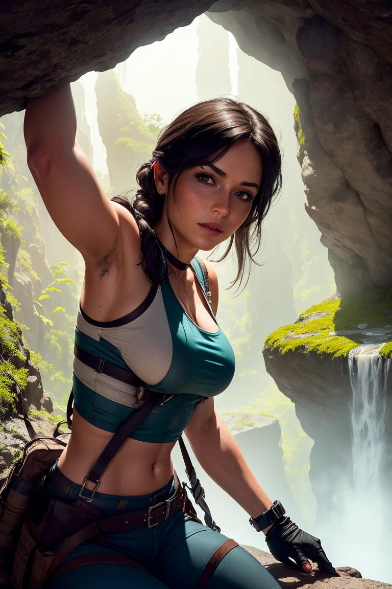 Create a picture of Lara Croft engaging in cliff walking and climbing in a breathtaking, rugged landscape. She is scaling a steep, rocky cliff with the aid of climbing gear, including ropes, harnesses, and carabiners. The cliff is part of a dramatic mountain range, with sheer drops and jagged peaks. Below her, a lush valley stretches out, filled with dense forests or perhaps a winding river. Lara is dressed in a grey t-shirt and dark jeans. The environment should include realistic rock textures and intricate details, with the sunlight casting dynamic shadows on the cliff face. The overall atmosphere should convey a sense of adventure, courage, and the thrill of conquering nature's obstacles. DLSR, sharp focus, soft lighting, masterpiece, photorealistic, 8k, masterpiece, perfect face, ultra detailed face, perfect brown eyes, beautiful face, close up face