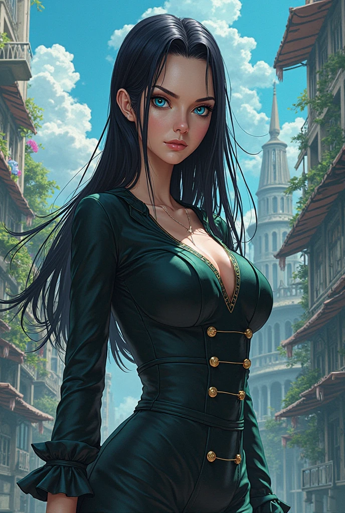 Tall beautiful woman with black hair and green eyes very realistic and detailed