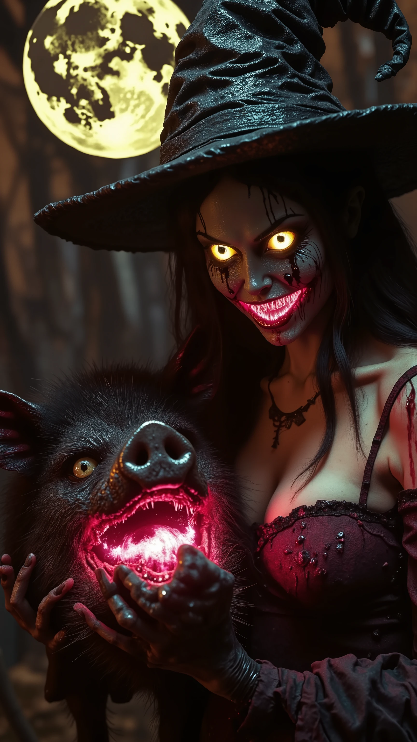 A surreal and unsettling scene unfolds with two women at the center, one with exaggerated, glowing yellow eyes and a wide, open-mouthed expression resembling a horror character. Her face displays gruesome, bloody markings, and she wears a red top and a collar. Beside her is a beautiful woman with striking features, lit up eyes, a hot pink fluorescent mouth, and deep cleavage. Beneath the first woman, a pig is held, sporting a witch's hat and has a knife to its throat, heightening the bizarre and eerie atmosphere. The background is dimly lit, and a large moon is visible in the top left corner, adding a touch of the supernatural. The image radiates a darkly comedic or horror-themed mood, with playful yet macabre elements interwoven throughout. The composition is vivid, with strong contrasts in color and lighting that emphasize the fantastic and nightmarish quality of the scene. Ultra-realistic, photo-realistic, ultra-detailed, physically-based rendering, spooky, scary, startling, bizarre, creepy creepstyle, strange station, wired weirdcore, backward reflections, macabre, dark fantasy art, surreal elements, hypersensual, provocative,graphic, explicit, disturbing content, cinematic photography, cinematic portrait, hyperrealism, sensual suggestions,unsettling atmosphere, masterpiece