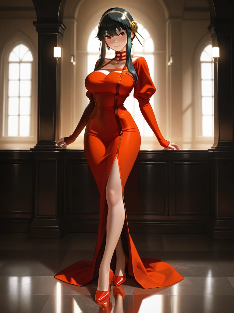 creates a 24-year-old anime girl with an Amber ball gown and a miniskirt with wide hips and breasts in a landscape of a luxurious and famous party hall