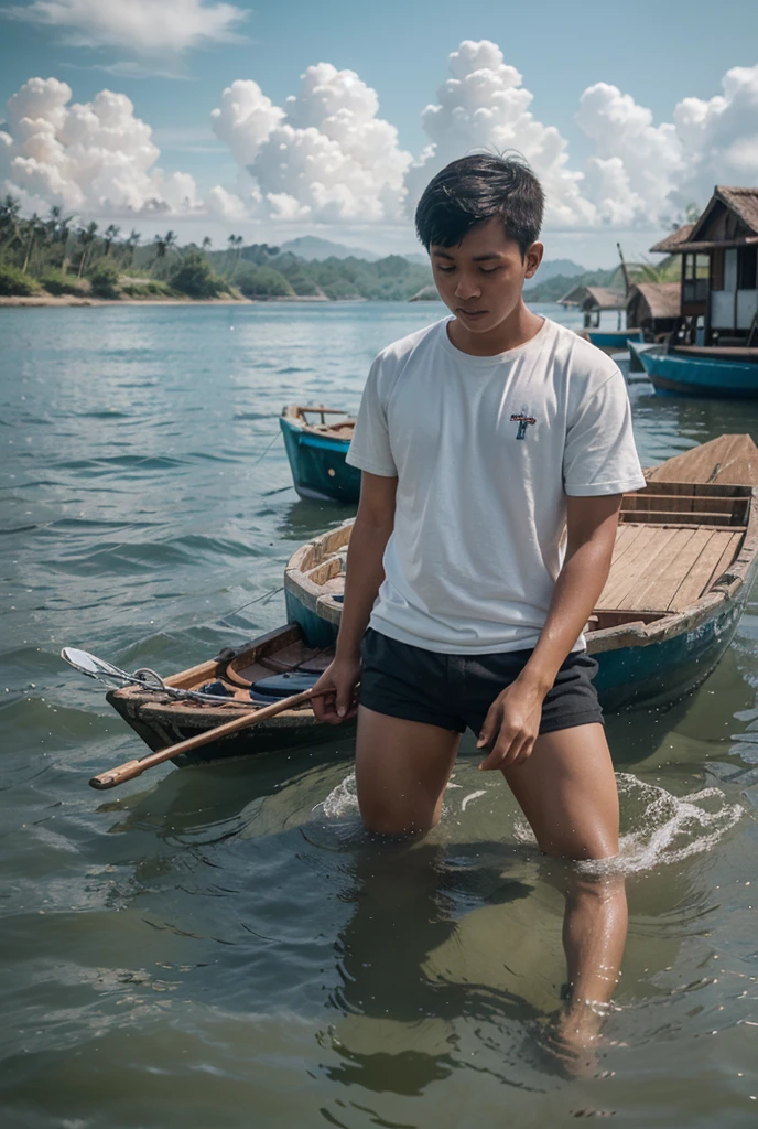 hyper-realistic photograph of beautiful young teenage Thai-chinese boy, 15 years old,, forehead hair, brown hair, messy hair, full-length shot, shirtless, ((torn brown Speedo swimwear)), skinny fat body, a farmer in Thailand, high flooding, a farmer holding sickles,, standing small hut in local Thailand, a farmer, wearing a farmer's hat. Camera settings to capture such a vibrant and detailed image would likely include: Lens: 85mm. f/1.8,