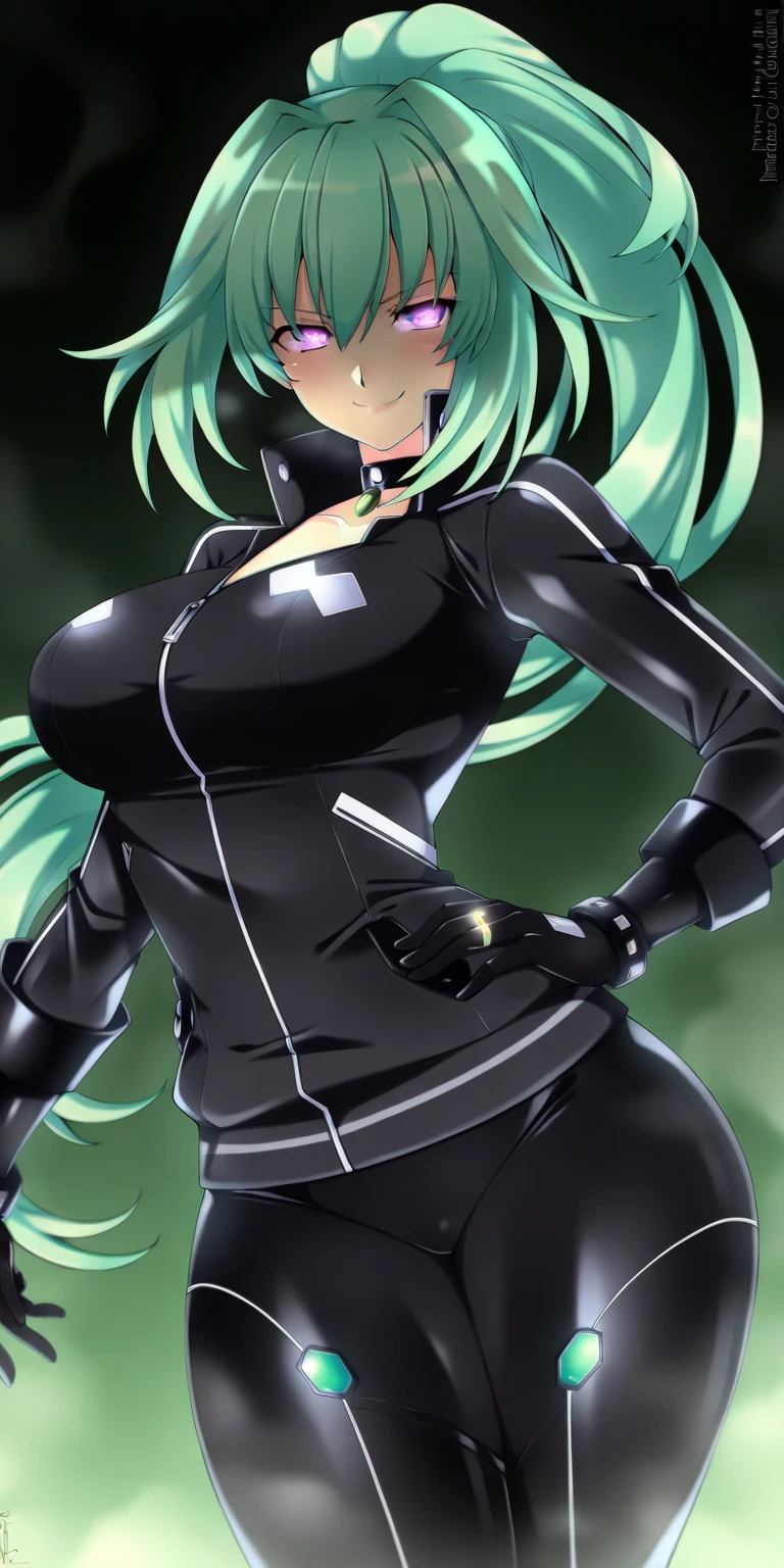upper body, 1girl, solo, gigantic breasts, (colored sclera, solid eyes:1.2), (pale skin), outdoors, green eyes, bodysuit, smile, looking at viewer, black hair, <lora:ConceptionPlus:0.6>, <lora:Solid-10:0.9>