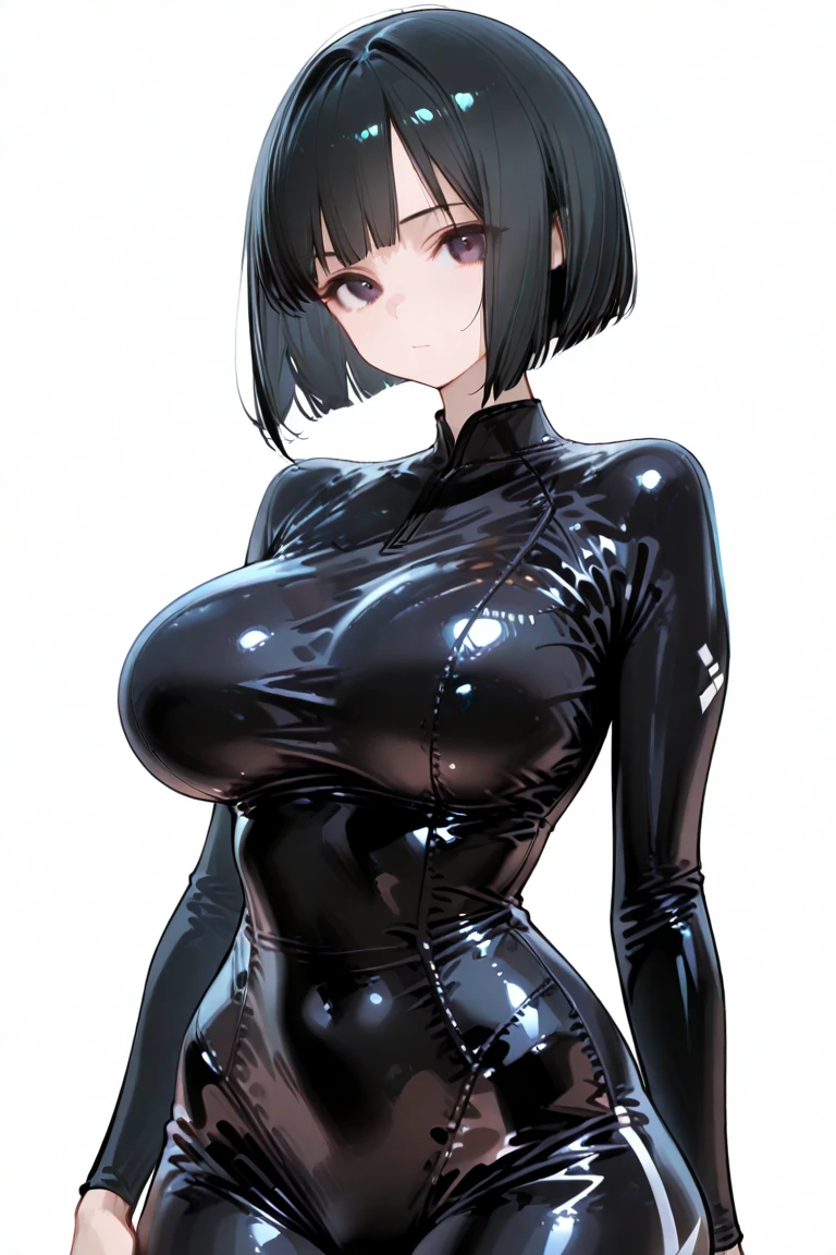 Woman in tight costume, sweaty body, blushing,huge breast ,big thighs,