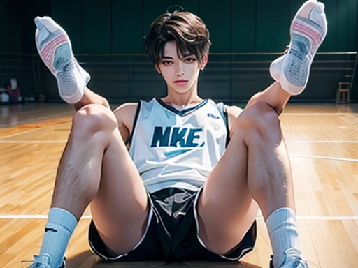 Anime boys，16 yaers old，White basketball socks，onbed，Just shorts，Handsome， --auto