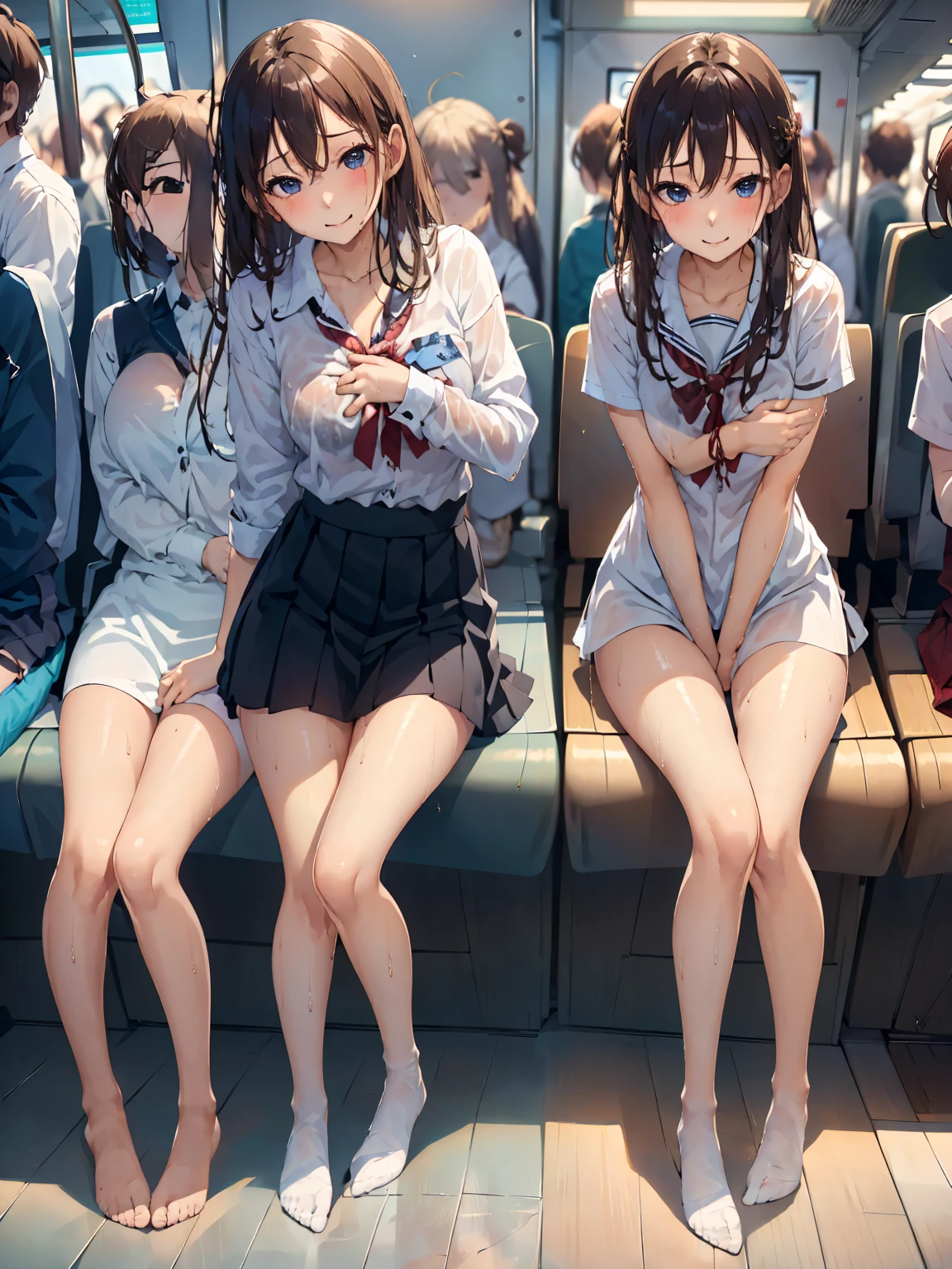 summer、In a crowded train、thick、Sweat、、high school girl、Student Bags、、Low length、、(((Long black hair:1.2　hair band)))(((Black-rimmed glasses:1.2　black eye)))、Strong sunlight、thicksummerの昼間、Bright sunlight、Look at this、Front view、Full Body Shot、Big Breasts、loose socks、Checked mini skirt、Navy knit vest、Are standing、A man whispers in my ear、sneakers