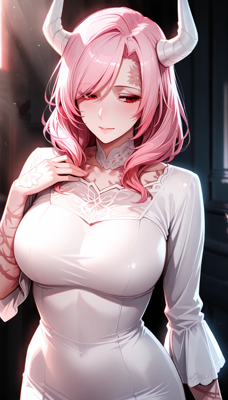 Cool women、sexy、Center of chest、Rize from Chainsaw Man、beauty、Yandere、、Face close-up、Kiss with your eyes closed、Chest tattoo、Race、necklace、Pink Hair、(sexy)、(Kiss the viewer)、(From the waist up)、((Center of chest))、((White lace))、((Black shorts))