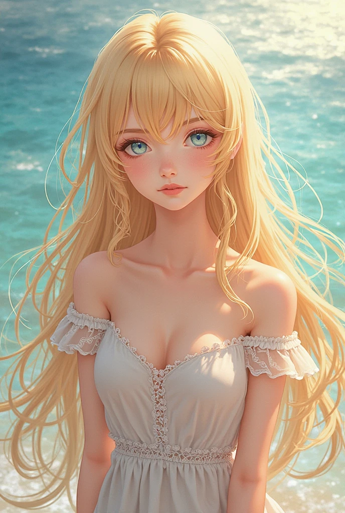 NFSW, 1 Lady, Face, (((1 Lady:1.37, Solo))), (((Close-up of face))), (Beautiful face, Cute face, Detailed face), ((( Golden hair, Semi-long hair, Hair pulled back, Wavy Hair))), (((Detailed beautiful green eyes))), BREAK, (((Sunny))), (((in beach))), (((White sheer blouse, Microblouse, Sleeveless, Breasts wide open))), BREAK, extremely detailed CG unified 8k wallpaper, very fine 8KCG wallpaper, anime moe art style, Anime visuals of cute girls, anime style portrait, In an anime style, Beautiful anime, 8K Anime Art Style, In anime style、8K animation with detailed drawings, (masterpiece, Best Quality), High resolution, Ultra-detailed, ultra-sharp, Cinematic lighting