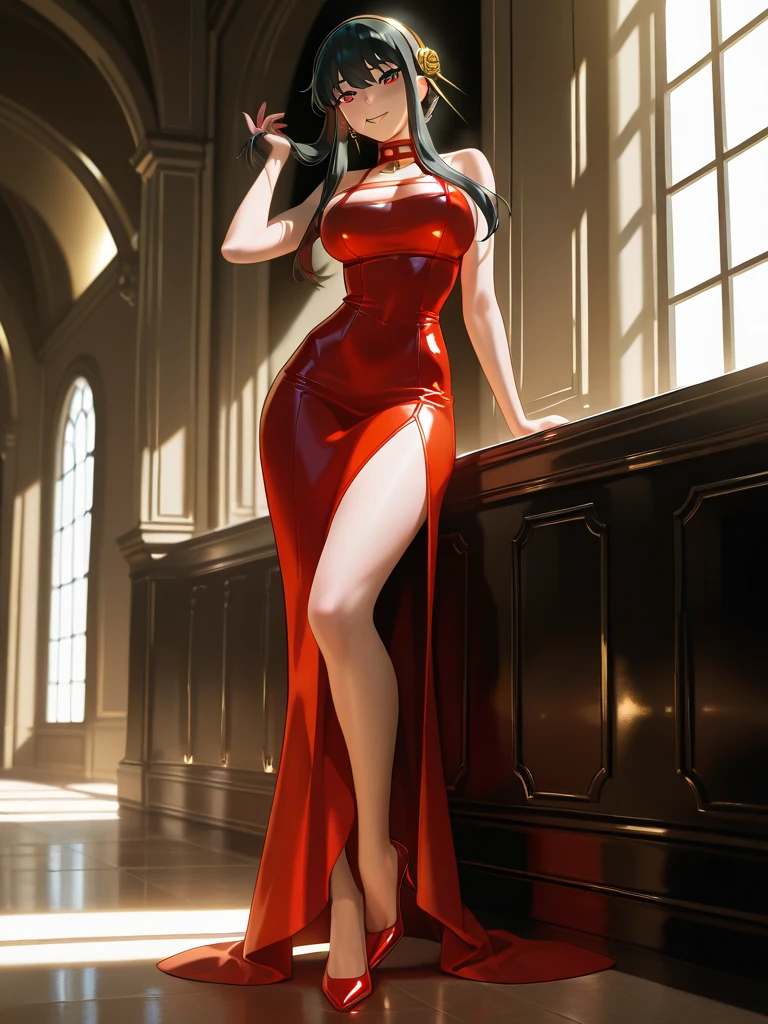 merula, yellow high heels, sexy red labial, tonified legs, red sequin dress, brunette hair, full body, thighs
