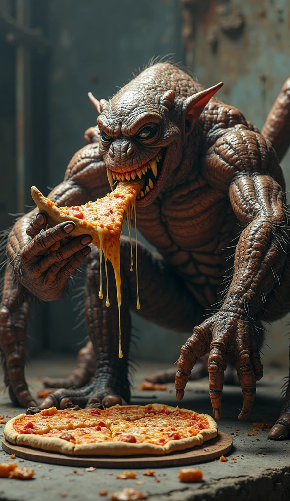 Yautja Predator without mask,eating tacos,street food stand,Mexico City,detailed alien creature,highly detailed face and anatomy,intricate details,realistic skin texture,warm lighting,vibrant colors,photorealistic,cinematic composition,dramatic angles,award winning science fiction illustration