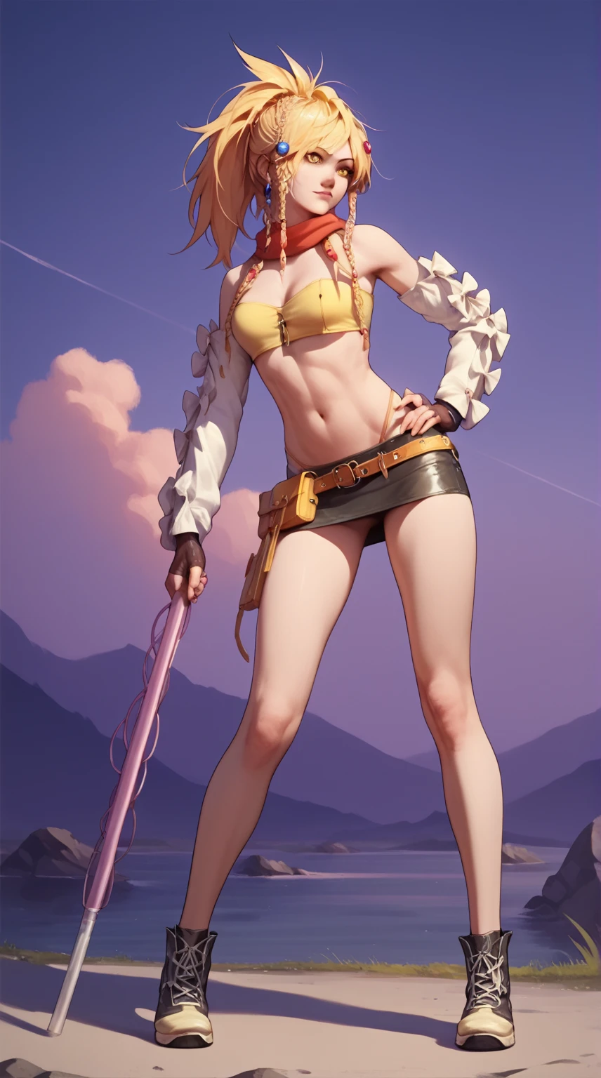 (best quality,4k,8k,highres,masterpiece:1.2),ultra-detailed,((shoujo girl)),((fox girl)),((medium hair)),((full body)),((stand pose)),((((very baggy and long cotton leg warmers)))),((bare feet)),((thong)),((tiny blouse)),((((carrying a giant sword)))),((fully detailed)),illustration,vivid colors