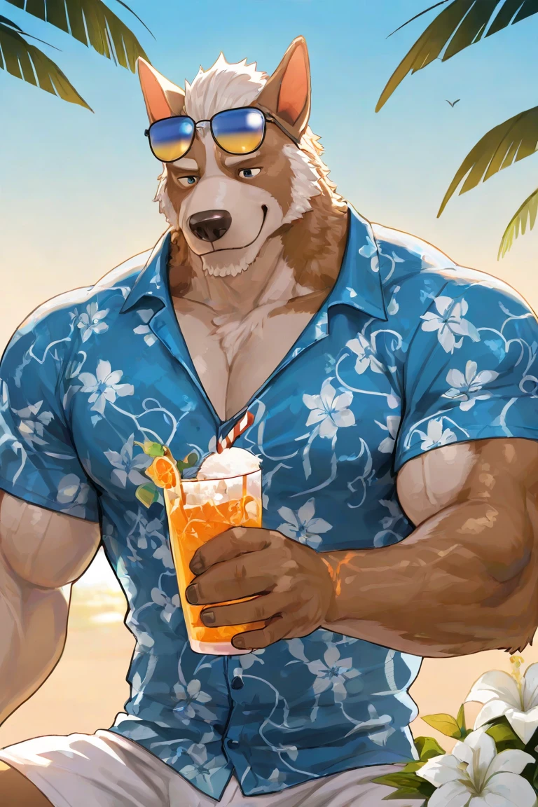 male, anthro, muscle, (kemono), (grizzly bear), brown fur, pumped body, red swim trunks, lifeguard, sunglasses, beach, half length portrait, by bara, detailed beach background, light particles, hi res, bara