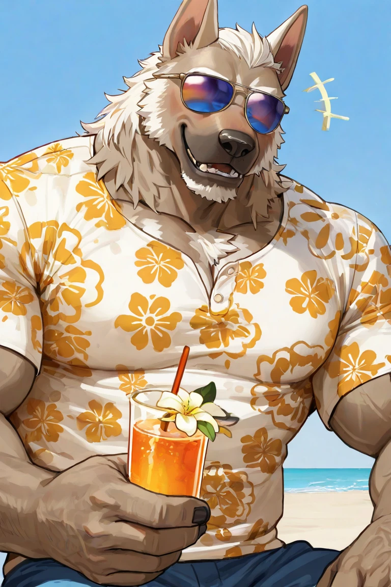 male, solo, anthro, bear, (swim shorts), (Hawaiian shirt), beach, open mouth, closed eyes, happy, buff, detailed lighting, blushing, (holding glass of orange juice), bulge