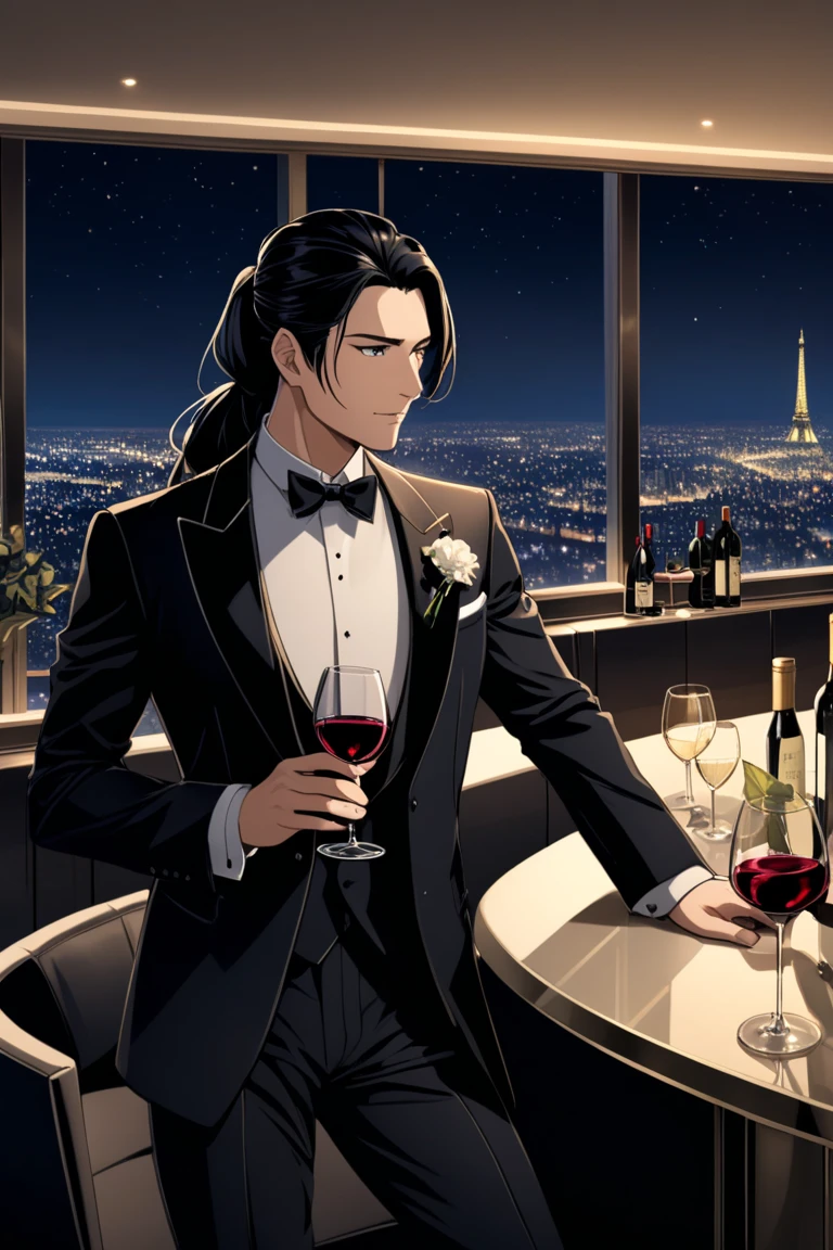 A handsome young man wearing a black suit and short black hair is holding a wine glass in his hand, looking out the window on a tall building filled with lights, side view.