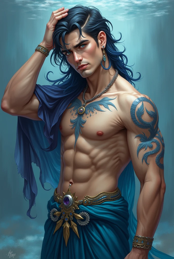 a merman with dark purple hair, blue/pink eyes, white skin, elegant, slightly curly hair, violet siren tail, fish ear, ancient patterns tattoo on the body, soft face, (best quality,4k,8k,highres,masterpiece:1.2),ultra-detailed,(realistic,photorealistic,photo-realistic:1.37),fantasy,digital painting,concept art,highly detailed face, dynamic pose, dramatic lighting, vibrant colors, cinematic atmosphere